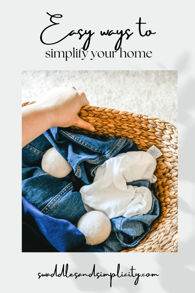 Graphic with words, woman holding basket with laundry and wool dryer balls